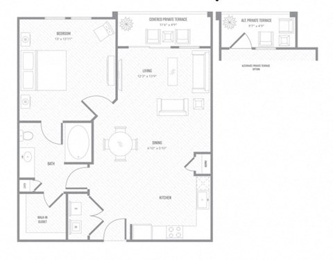 Floor plan for 1 bed, 1 bath, 719 sqft